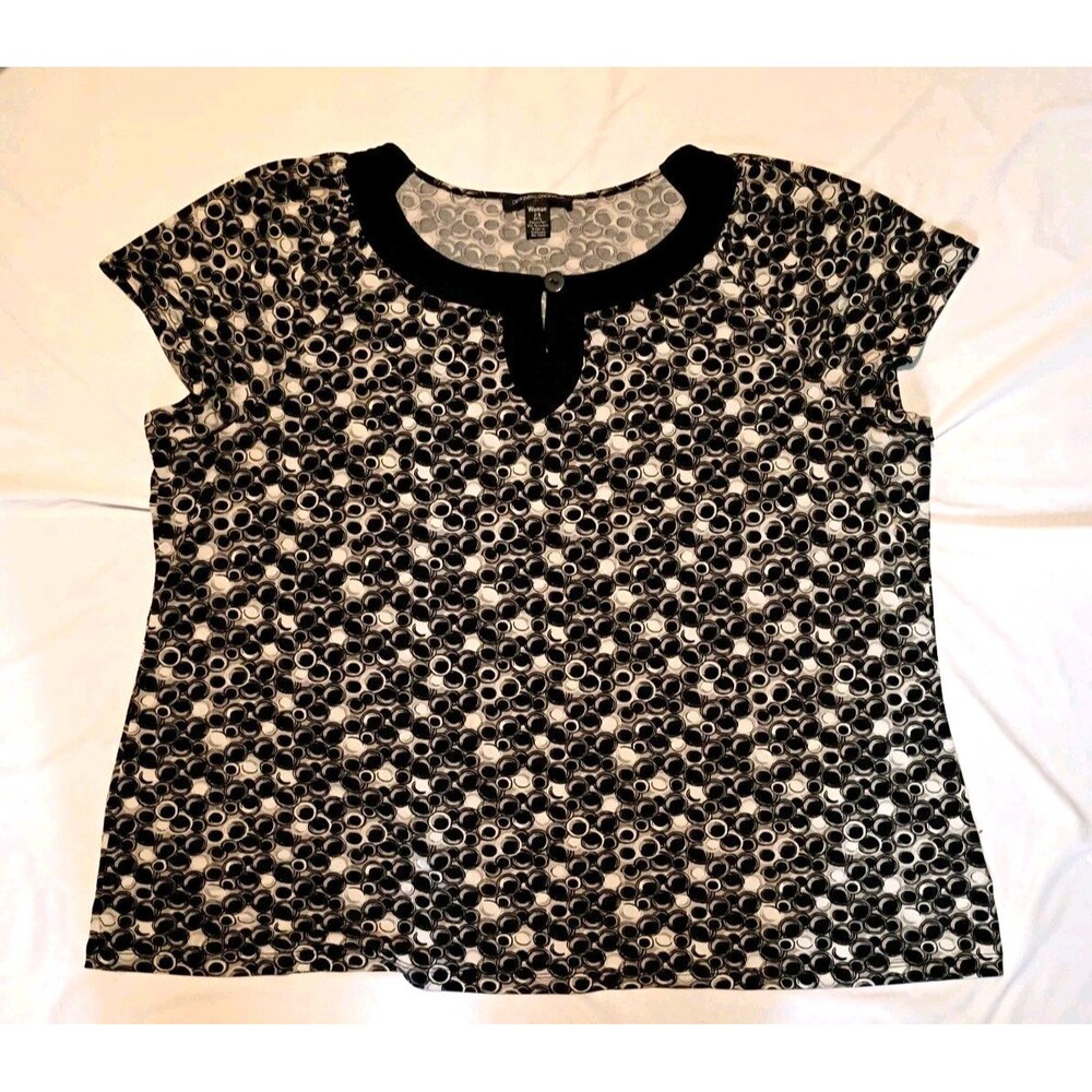 Women Sz 2X Designers Originals Top Blouse Black White Stretch Knit Cap Sleeves